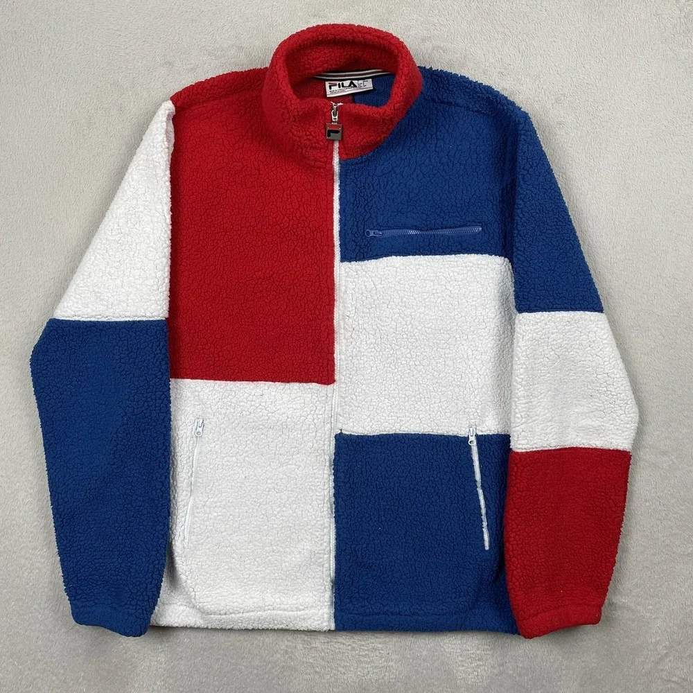 Fila Jacket Mens Small Oversized Deep Pile Sherpa Colorblock Full Zip Spellout